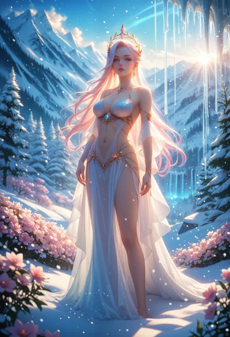 goddess, bright, beautiful, long, hair, sexy, Gives Warmth, With his hands he dissolves the snow beneath him the flowers, Forest Landscape, Snowy Glade, Icicles on Trees, It sparkles, shines, Game of Shadows, bright colors, heavenly light, Rays of Heat, Li...