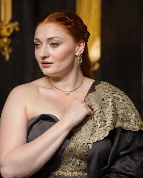 Face of Sophie Turner, Portrait of Sansa Stark, Sansa Stark played by Sophie Turner, the de facto Lady of the Eyrie, is a 5 mature queen with a stunning, alluring appearance, mommy figure, wide body, heavy figure, fleshy bulky figure, Full Face, Full figur...