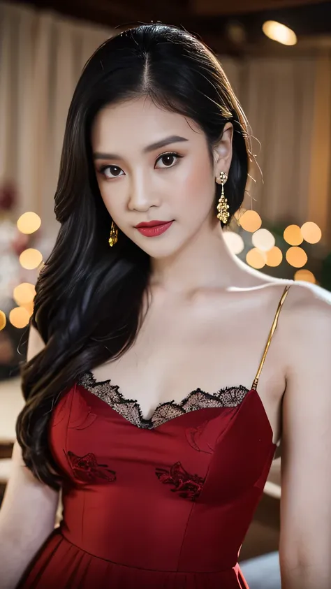 8k, RAW photo, Fujifilm, style photo of a beautiful 4 woman, square face, a red rose on the neck, wearing black lace dress with red, golden earrings, strong features like a spinning dove, (highly detailed skin: 1.2), medium brown hair with lights, film gra...