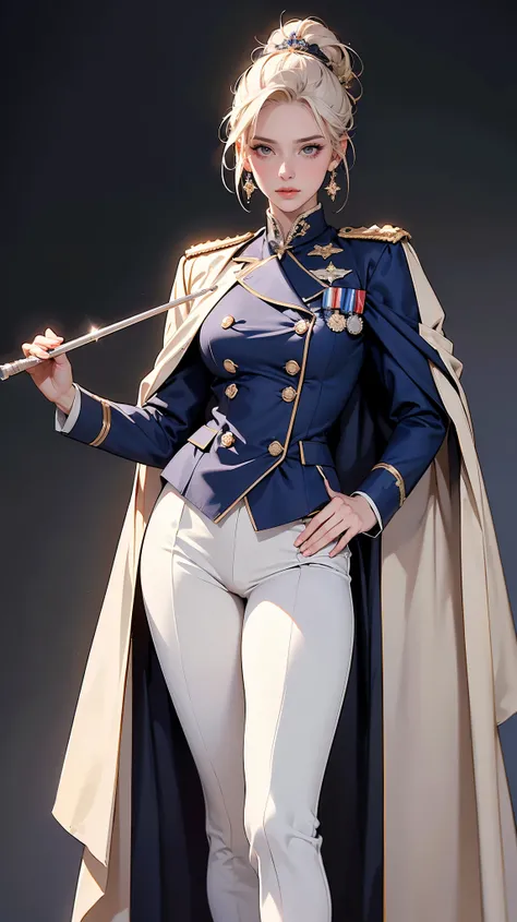 (Best quality, 4K, high resolution, masterpiece, ultra-detailed, realistic anatomy, photo-realistic:1.37), alluring young woman, princess, high-ranking military officer, (wearing Prussian style regal uniform), (dark purple double-breasted jacket adorned wi...