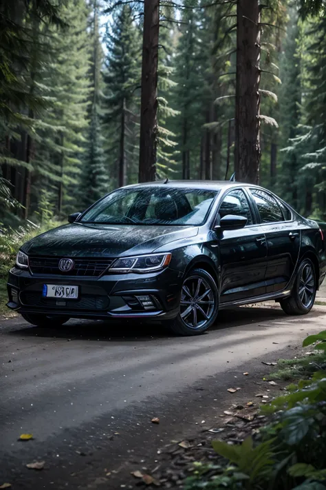 photo of a black jetta in the forest