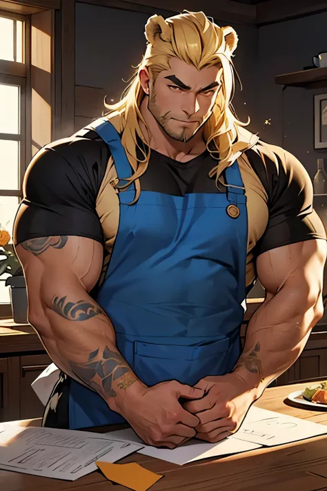 Blonde Grizzly Bear Demihuman Hair: blonde, long thick. Eyes: brown, soft. Body:, chubby, plump, non muscular, slim, soft expression, Tattooed arms, tall, Face: thick eyebrows, thick stubble, soft expression. Clothes: blue shirt, black Jeans, apron. Since ...