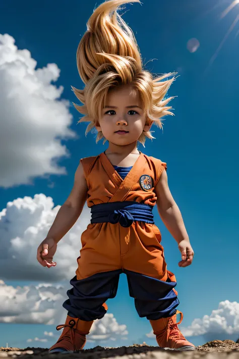 chibi goku, 1boy, male focus, super sayajin, goku outfit, solo, sky, cloud, day, blue sky, male child, Outdoor, upper body, overcast sky