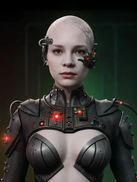 photo realist of the towbar (the borg queen young alice krige), CALVO,  ((pale vein gray skin)), sunken cheeks, armadura borg, looking at the viewer, seductive look, pose sexy, in the borg cube, red lighting on the right, green lighting on the left, better...