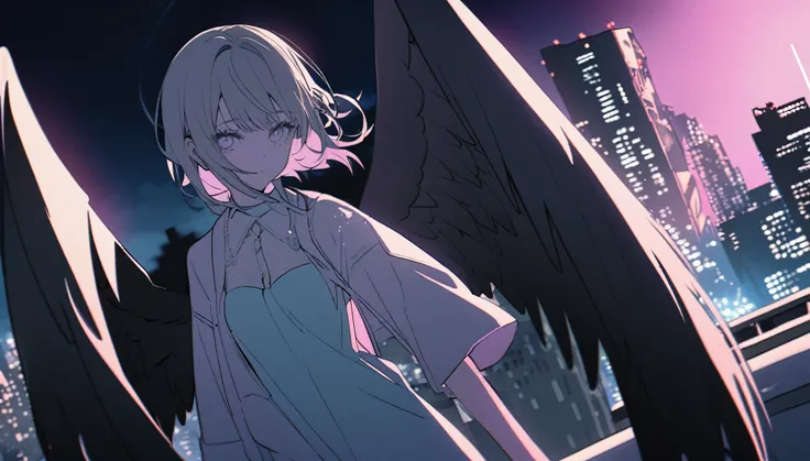 Flapping Girl,Cool look,Light,One girl,Black angel wings,night,Skyscraper,Rooftop,Overlooking,The Garden of Sinners,Pastel colors,A light touch,Light color,Illust