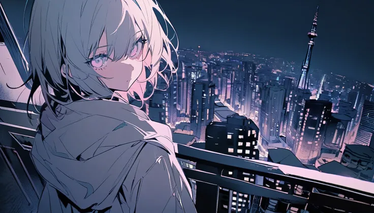 Cool look,One girl,Black angel wings,night,Skyscraper,Rooftop,Overlooking,The Garden of Sinners,Pastel colors,A light touch,Light color,Illust