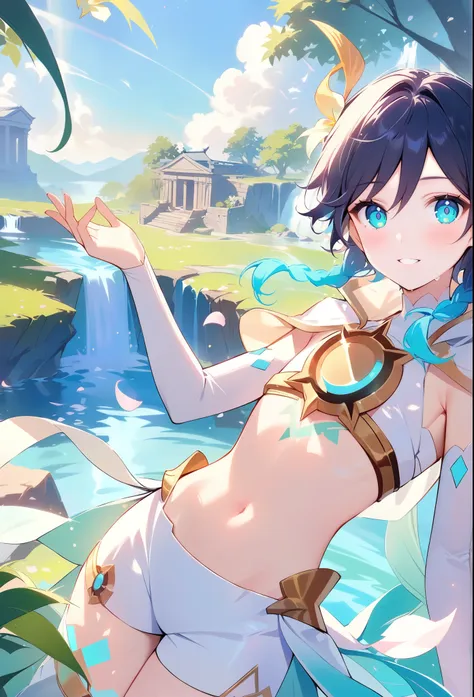 (masterpiece,best quality,4k,8k,absurdres:1.2),1boy,flat chest,venti_(archon)_(genshin_impact),bare stomach,graceful,black hair,...