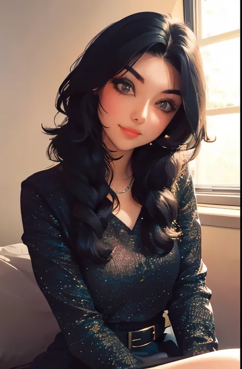 arafed woman with long black hair and pink dress sitting on a bed, a pastel inspired by Glòria Muñoz, tumblr, aestheticism, her face looks like an orchid, belle delphine, black hair and large eyes, anime girl in real life, she has a cute face, very very ve...