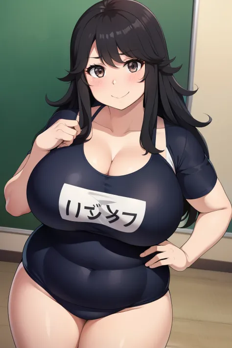 Chubby 2 big breasts black hair brown eyes happy long messy hair blushing smile deredere school swimsuit