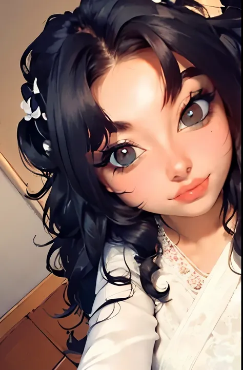 arafed woman with long black hair and pink dress sitting on a bed, a pastel inspired by Glòria Muñoz, tumblr, aestheticism, her face looks like an orchid, belle delphine, black hair and large eyes, anime girl in real life, she has a cute face, very very ve...