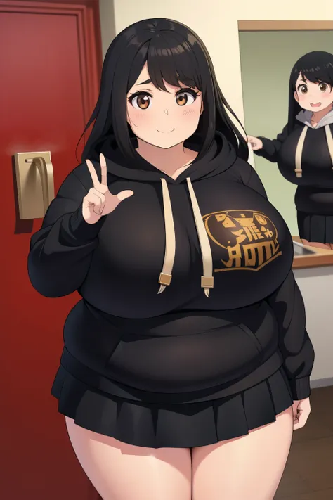 Chubby 2 big boobs black hair brown eyes happy long messy hair blushing smile deredere black hoodie and short skirt 