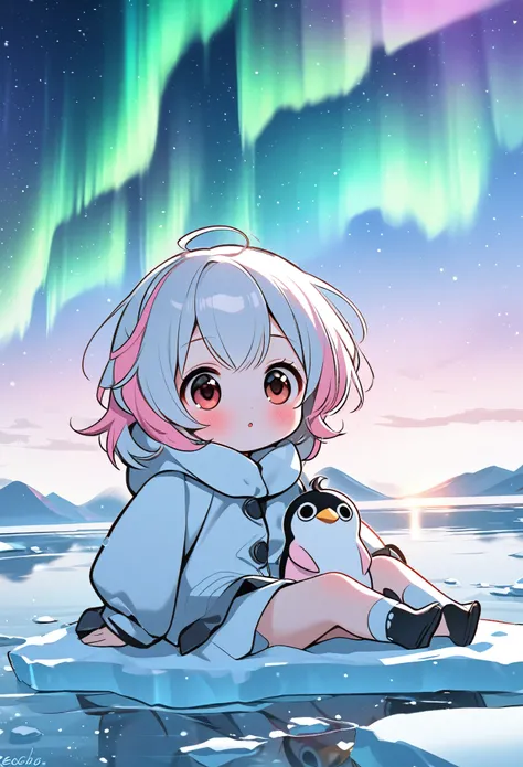 cute white and pink penguin girl, sitting on ice, looking up at aurora, echocho