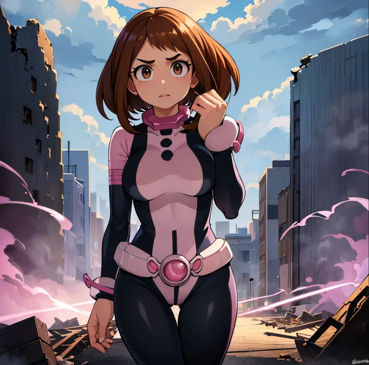 ((1girl)),((alone)),ochako Uraraka, (Boku no hero academia),(masterpiece), (best quality), (ultra detailed), (best illustration), (best shadow), ( absurdities), sharp focus, cowboy shot, atmospheric perspective, depth of field, dynamic posture, ((looking a...