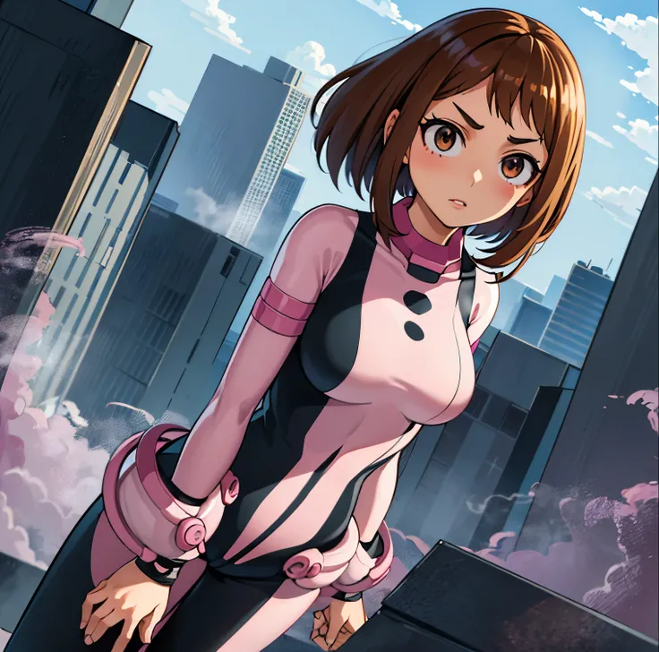 ((1girl)),((alone)),ochako Uraraka, (Boku no hero academia),(masterpiece), (best quality), (ultra detailed), (best illustration), (best shadow), ( absurdities), sharp focus, cowboy shot, atmospheric perspective, depth of field, dynamic posture, ((looking a...