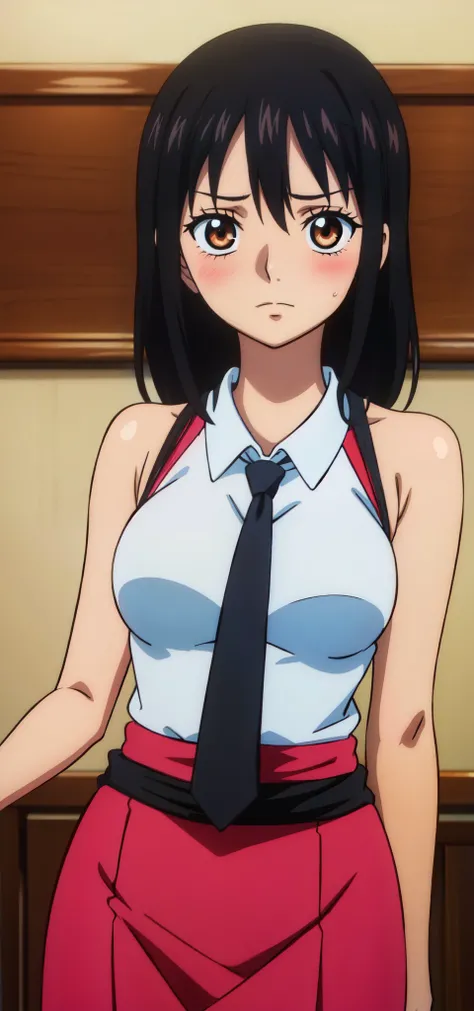 Yukina, black hair, 20-year-old, medium breasts, medium hair,healthy skin, masterpiece, cum, 20-year-old, high quality , sleeveless, blushed, tie, pencil skirt 