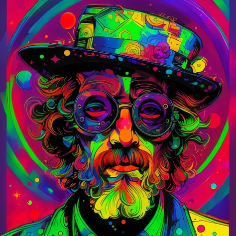 a closeup of a man with a hat and glasses, psychedelic illustration, psychedelic art style, psychedelic style, psychedelic artwo...