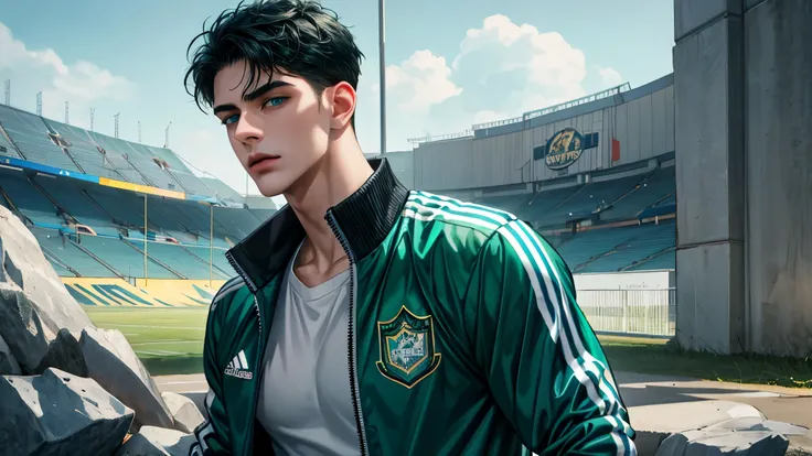 Handsome young man, black hair short hair, blue eyes, ombros largos, masterpiece, Absurd, beautiful and detailed face, with dark green long sleeve adidas jacket, daytime environment, Football field