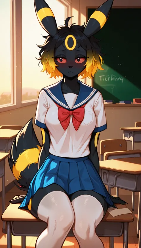 Very shy expression, 1girl, anthro, furry, fur, fluffy fur, umbreon girl, black hair (yellow highlights), short hair, messy hair, (18 years), black eyes, red sclera, medium breast, thicc thighs, (classroom), (sunset), (school uniform, blue skirt, white thi...