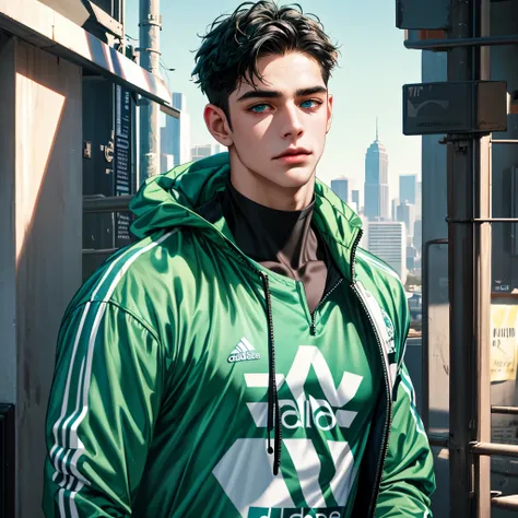 Handsome young man, black hair short hair, blue eyes, ombros largos, masterpiece, Absurd, beautiful and detailed face, with dark green long sleeve adidas jacket, daytime environment, Football field