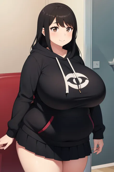 Chubby 2 big boobs black hair brown eyes happy long messy hair blushing smile deredere black hoodie and short skirt 