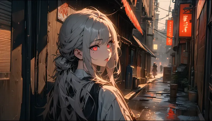 A common alleyway, a city at night, a tense lens, the subject of the photo is a back alley background, a bright and fresh photo, a beautiful abstract back alleyway, a teenage character, gray hair, red glowing eyes, long hair, a mole under the left eye, hol...