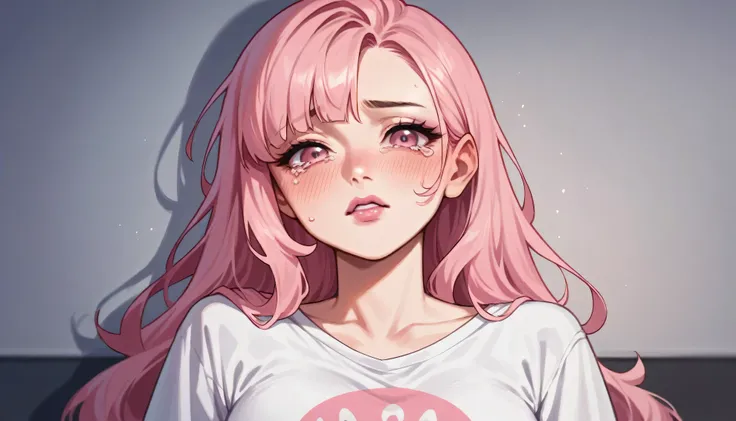 Long Hair, light Pink Hair, pink eyes, Medium breasts, Blush, tears, Adult, Pink Lip Gloss, night room, Oversized T-shirt, High Resolution, Looking at viewer, HD