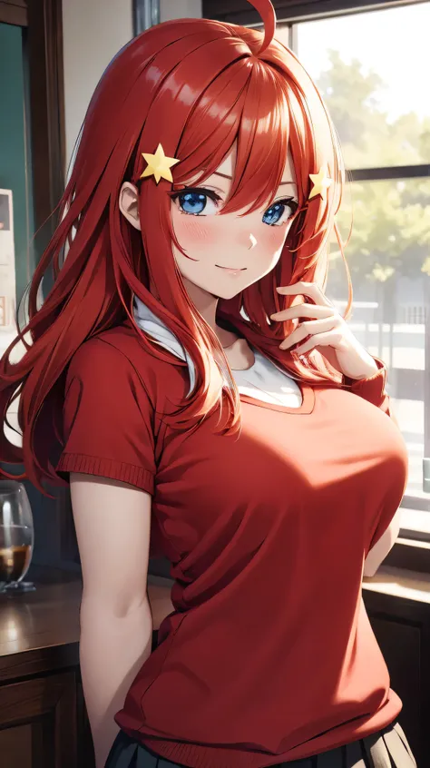 Beautiful girl is happy and looking at the viewer, nakano itsuki, red hair, long hair, star hair ornament, ahoge, red sweater, happy expression, medium breasts, pose fofa,anime, (itsuk Nakano), (Gotoubun no Hanayome),master part,8k,Ultra-high-quality HDR, ...