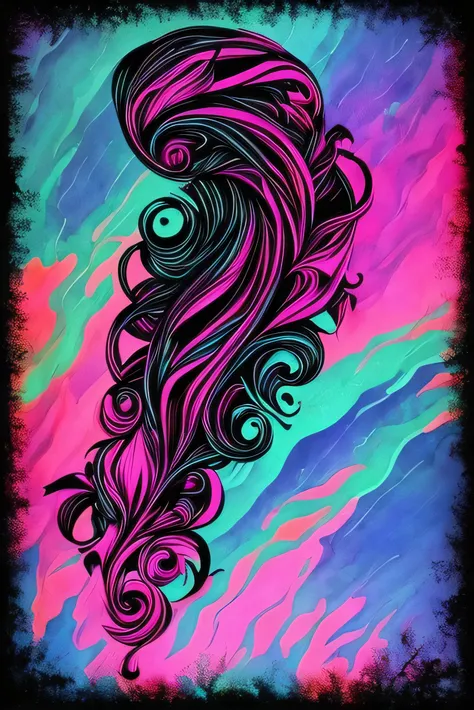 psychedelic, black, pink and blue tones, dark, creepy, abstract, twirly