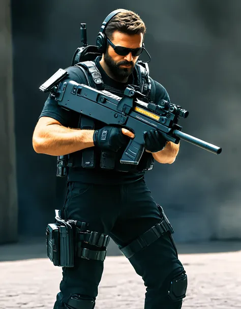 Masterpiece, best quality, high res, 8k, male focus, 1male, solo, solo focus, a mercenary with an FN P90.