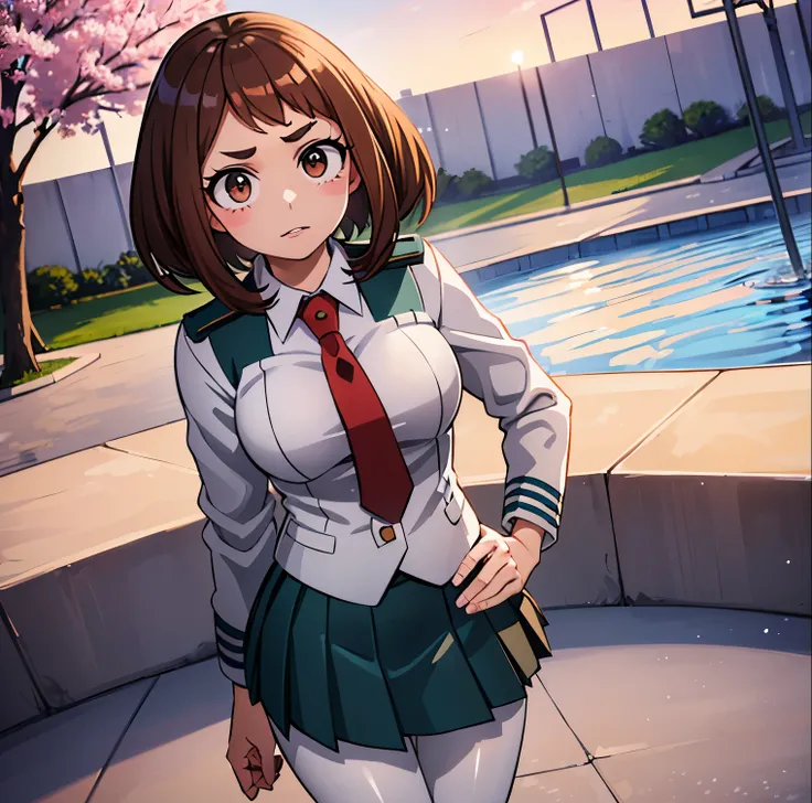 ((1girl)),((alone)),ochako Uraraka, (Boku no hero academia),(masterpiece), (best quality), (ultra detailed), (best illustration), (best shadow), ( absurdities), sharp focus, cowboy shot, atmospheric perspective, depth of field, dynamic posture, ((looking a...