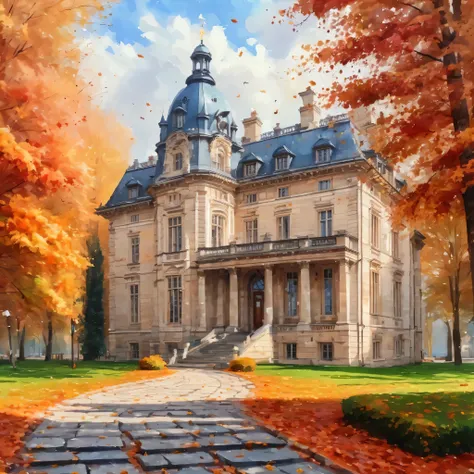 a painting of a building surrounded by trees, beautiful autumn spirit, stunning grand architecture, ultra nd, fancy library, zoomed out photography, stone pathways, fiery, octoberfest, breath taking, university, uniquely beautiful, color splashes, thisset ...