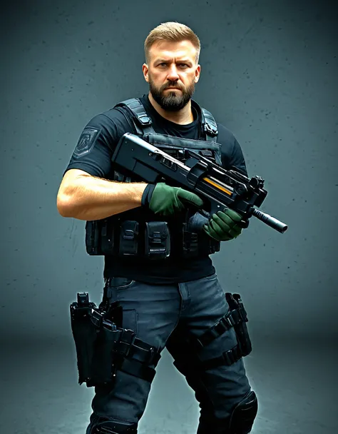 masterpiece, best quality, high res, 8k, male focus, 1male, solo, solo focus, a mercenary with an fn p90.