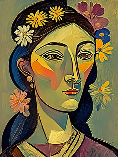 woman portrait, close up, flowers, picasso style, expresionism, muted colors, artistic composition,