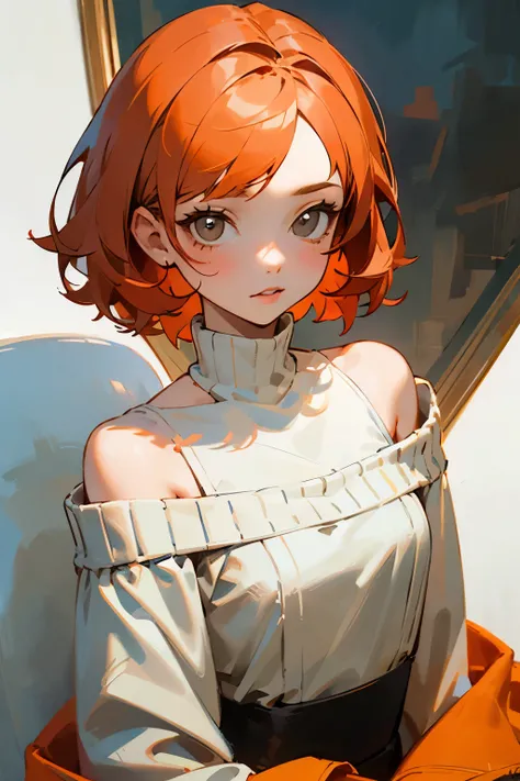 ((The best quality)), ((masterpiece)), (DETAILED), 1 girl, gray off shoulder sweater, short orange hair, gray eyes 