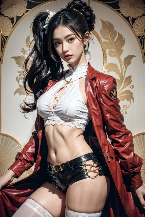 Beautiful Asian Woman, white lace bra, black leather shorts, red leather jacket, white stockings, gold guilded wall