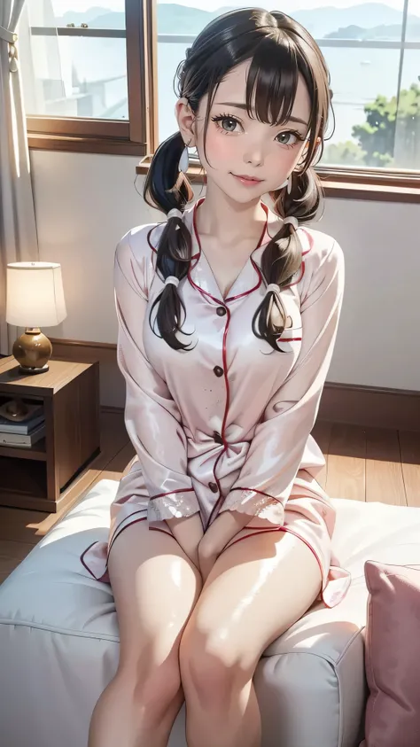 ((perfect anatomy, anatomically correct, super detailed skin)), 1 girl, japanese, , (detailed ultra-oily shiny skin:1.1), watching the view, adorable smiling, 
beautiful hair, beautiful face, beautiful detailed eyes, (middle hair:1.3, twintails:1.5), blunt...