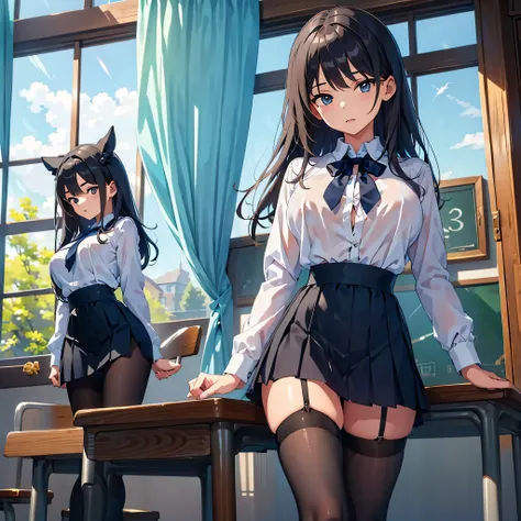 (1 skinny girl at primary school), school uniform, high-waist skirt, thigh gap, (inky-black thighhighs), (bouncing large breasts), swaying back, narrow shoulders, short torso, skinny narrow waist, long skinny legs, (orgasm)