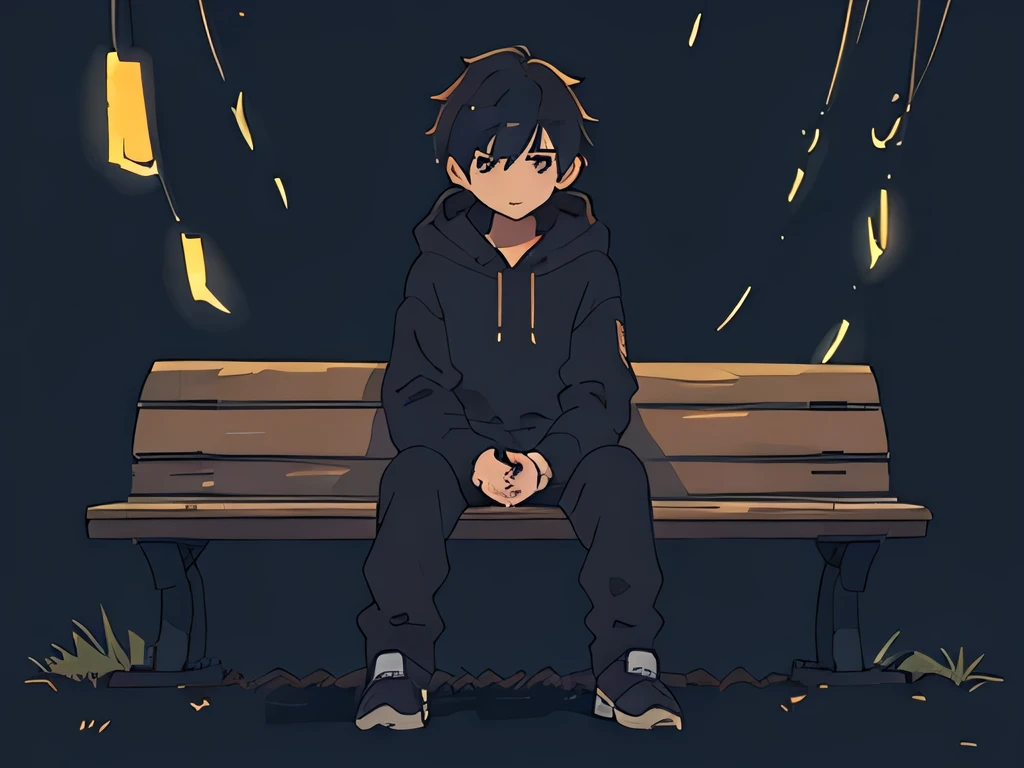 perfect anime illustration, illustration of a boy having short messy hairs, wearing a hoodie, dark background, sitting on a bench, looking sideways