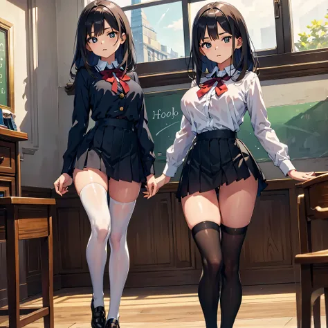 (1 skinny girl at primary school), school uniform, high-waist skirt, (thigh gap), (inky-black thighhighs:1.2), (bouncing large breasts:1.2), swaying back, narrow shoulders, short torso, skinny narrow waist, long skinny legs, (orgasm)