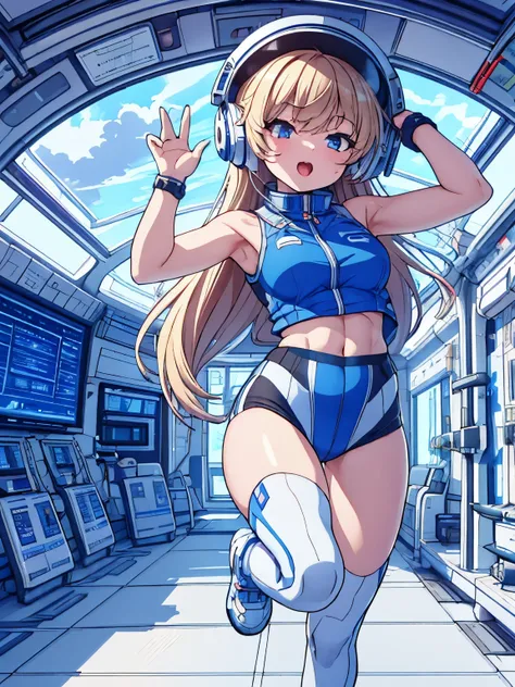 top-quality,Top image quality,in 8K,4K,masterpiece,ultra-detailliert,Beautiful,ultra-quality, best quality,high resolution, ultra-detailed,game cg,dutch angle,(acrobatic pose):5,jumping:5,(inside spacestation,)beautiful detailed eyes,five fingers,headphon...