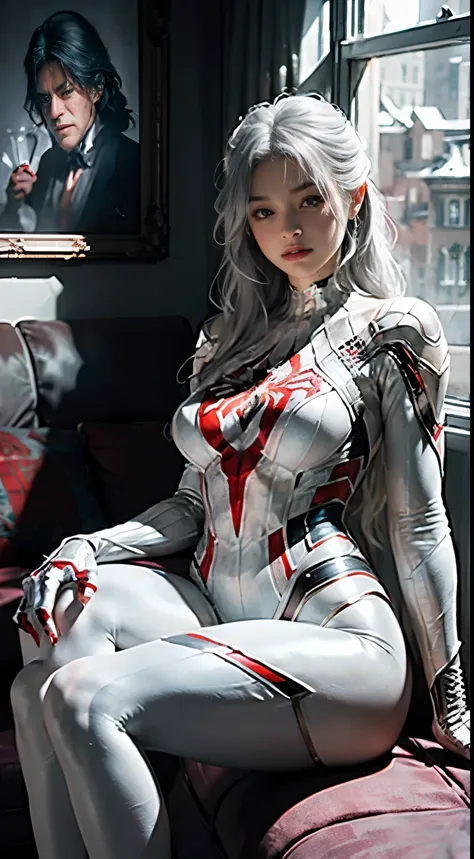 (Extreme Detail CG Unity 8K Wallpaper, masterpiece, highest quality), (Exquisite lighting and shadows, very dramatic image, cinematic lens effect), a girl in a white Spiderman costume, silver gray hair color, from the Spiderman parallel universe, wenger, w...