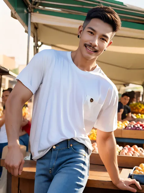 afmface ,Handsome young man smiles, showing teeth, selling merchandise, (have a mustache:1) ,(buzz cut:1.1), (short hair:1.2), The forearms are muscular., (jeans shirt:1.5), (white shirt:1.5),Jeans, Big muscles, Handsome and muscular, full body angle, (out...