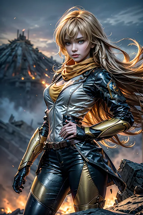 masterpiece,best quality,1girl,yang xiao long, very long hair, ahoge, purple eyes, wearing yellow tactical suit, orange scarf, large breasts, prosthetic arm, cowboy shot,standing on mountain path, overlooking river in far away valley, distant town in ruins...
