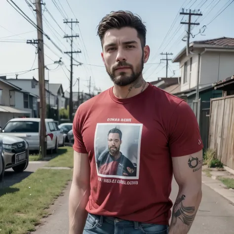 The man has a short beard and visible tattoos on his arms. He is making a gesture with his hands in front of his body, likely during a speech or video recording. He is wearing a red T-shirt and jeans, with a campaign badge featuring his own photo and the n...