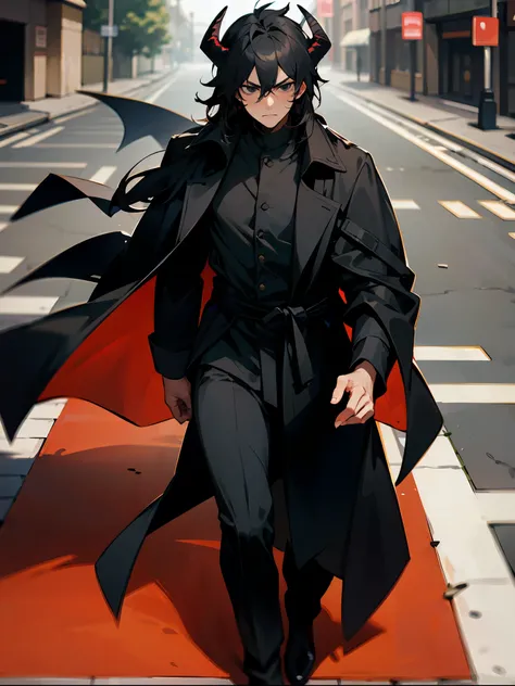 1male, Dark Skin , Black Eyes , Messy Black Hair , Black Fitted Longsleeve Shirt, Black Longcoat , Black Cloak, Serious Expression , Demon Horns , Walking on sidewalk , Ninja Clothing, Perfect Generation