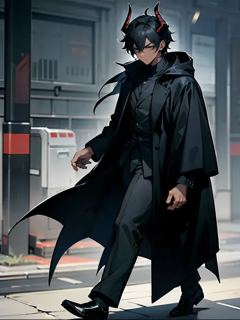 1male, Dark Skin , Black Eyes , Messy Black Hair , Black Fitted Longsleeve Shirt, Black Longcoat , Black Cloak, Serious Expression , Demon Horns , Walking on sidewalk , Ninja Clothing, Perfect Generation