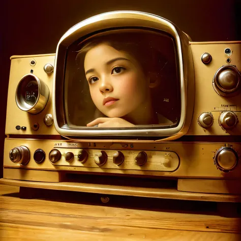 masterpiece, realistic, 1girl, (old radio), (sepia), (nostalgia:1.3), 