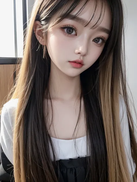 close-up of a woman with long blonde hair and chalk, ulzzang, cruel korean goth girl, she has a fringe of black hair, korean gir...