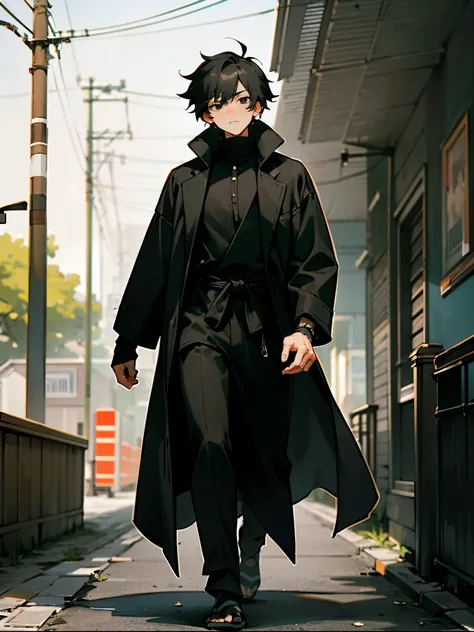 1male, Black Skin, Black Tribal Markings on arm, Black Eyes , Messy Black Hair , Black Fitted Longsleeve Turtleneck Shirt, Black Longcoat , Serious Expression , Walking on sidewalk , Ninja Clothing, Perfect Generation