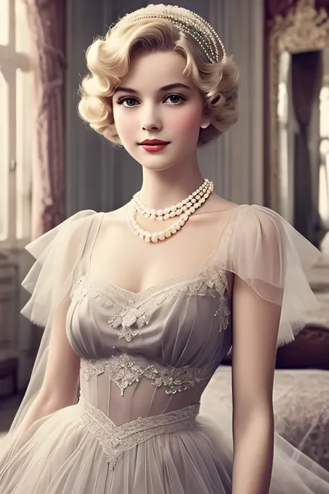 1girl, 1920 elegant french style, blonde, pearl necklace, dreamy lace and tulle